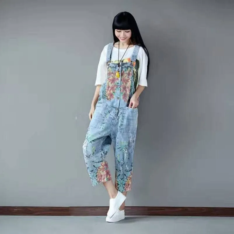 Loose Floral Denim Overall