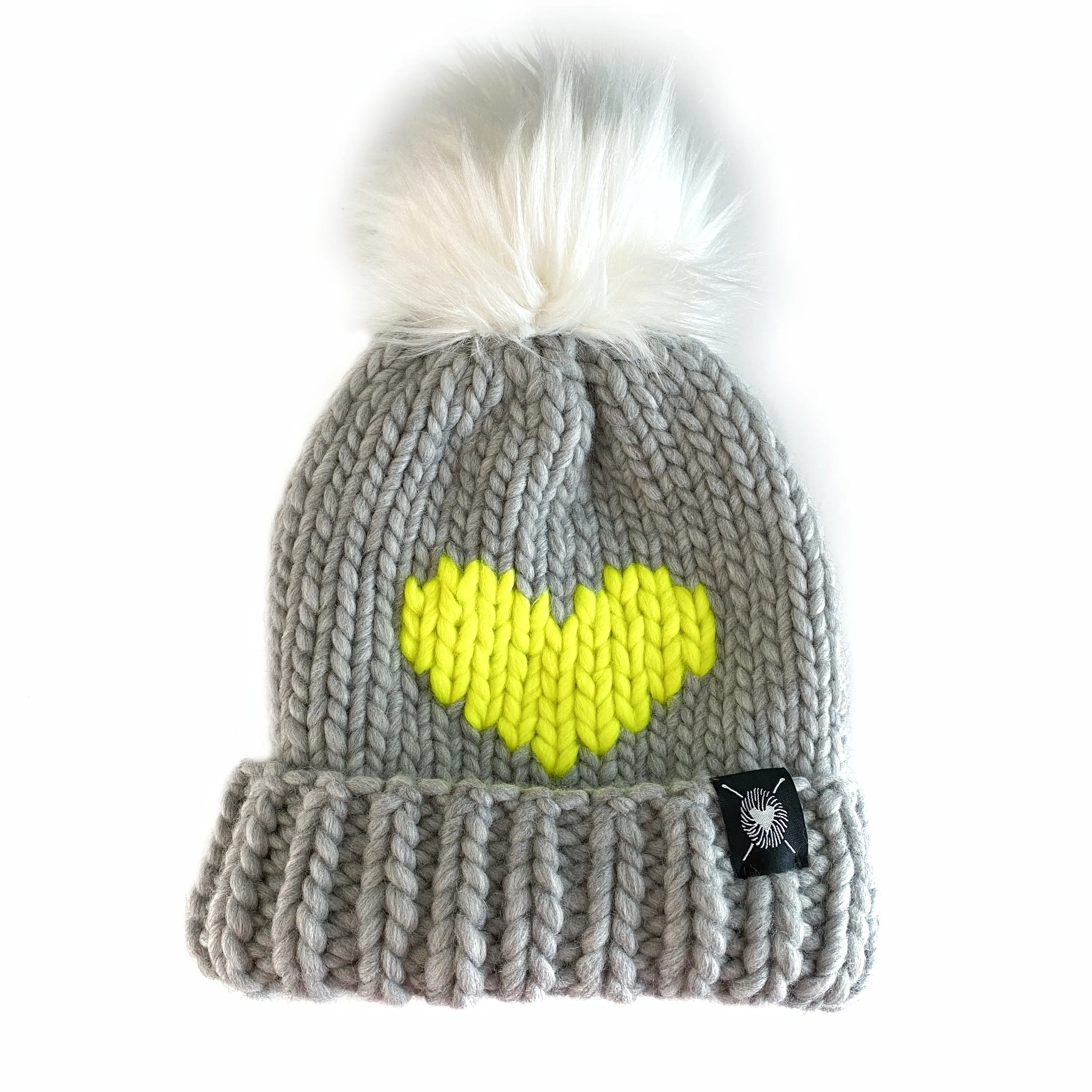 Luxury Big Heart Pom-Pom Beanie in Silver   Neon Yellow