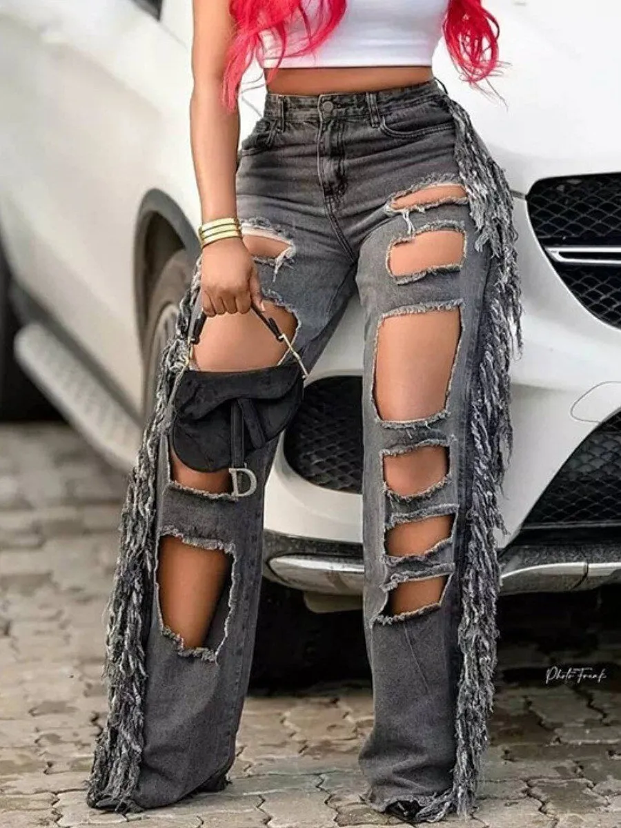 LW High Waist Tassel Design Ripped Jeans Heavy Industry Loose Straight Leg Ripped Jeans Woman Bleached Dyed Pants Tide