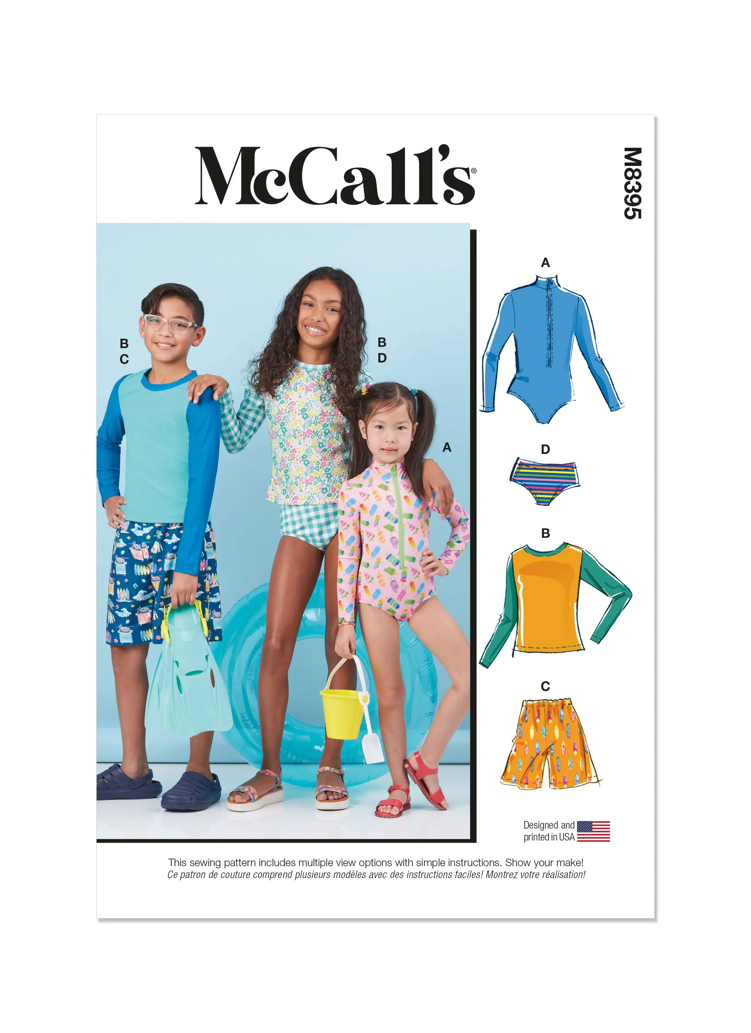 McCall's sewing pattern 8395 Children's Rash Guard Bodysuit, Top, Shorts and Bikini