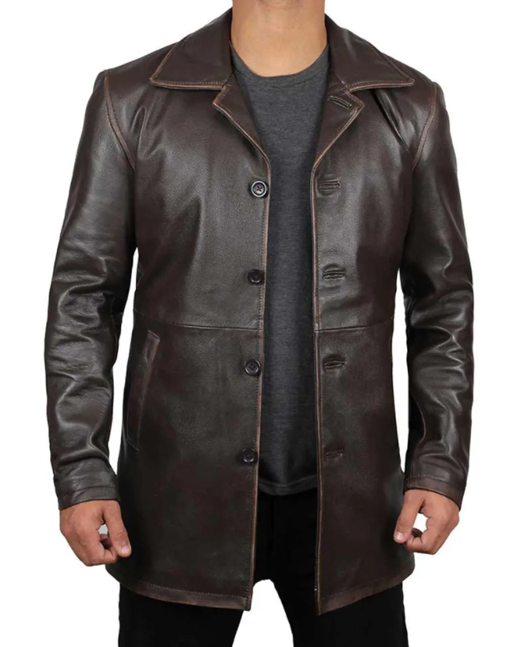 Men Long Coat Genuine Sheep Skin Leather Jacket In Botton Style