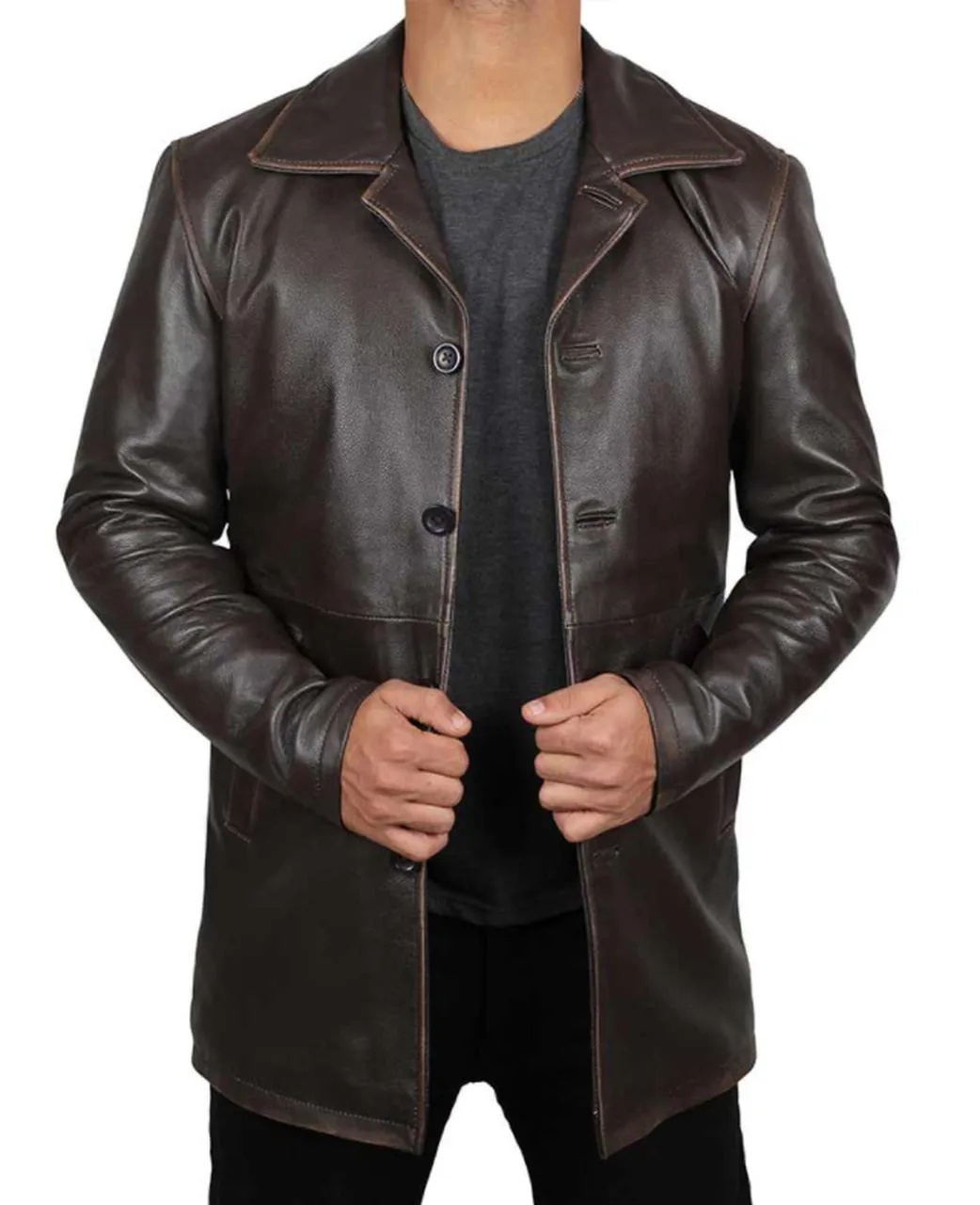 Men Long Coat Genuine Sheep Skin Leather Jacket In Botton Style