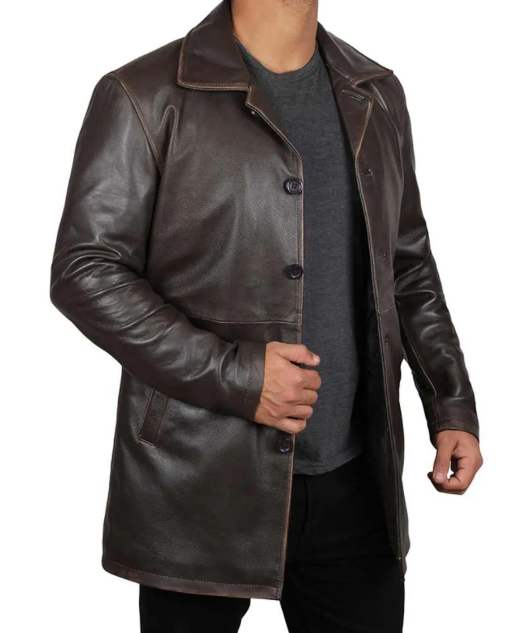 Men Long Coat Genuine Sheep Skin Leather Jacket In Botton Style