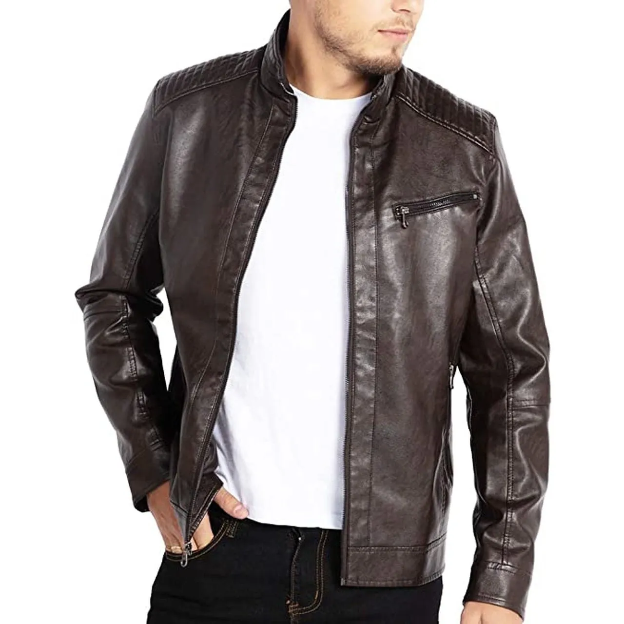 Men Stand Collar Lining Leather Jacket Motorcycle Coffee