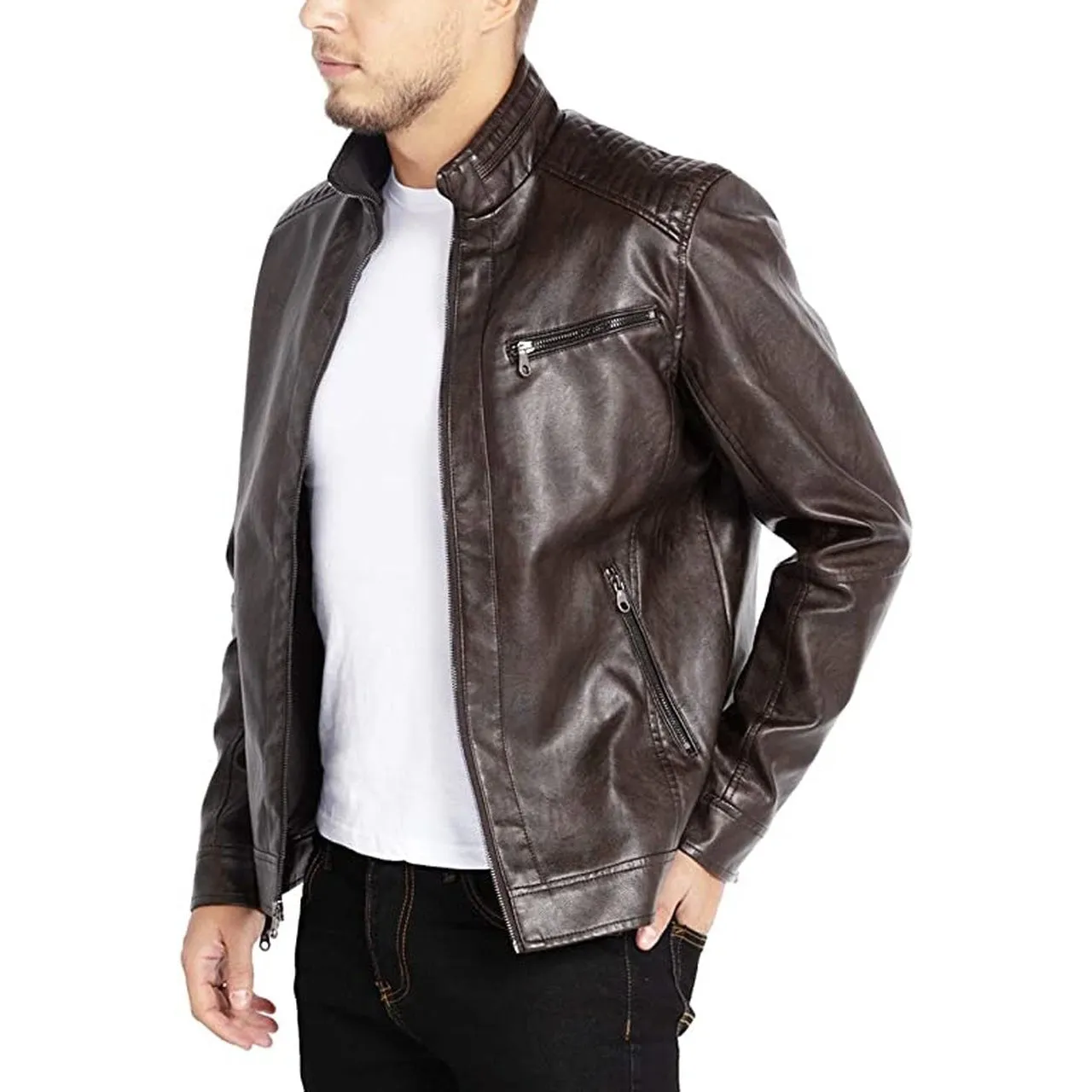 Men Stand Collar Lining Leather Jacket Motorcycle Coffee