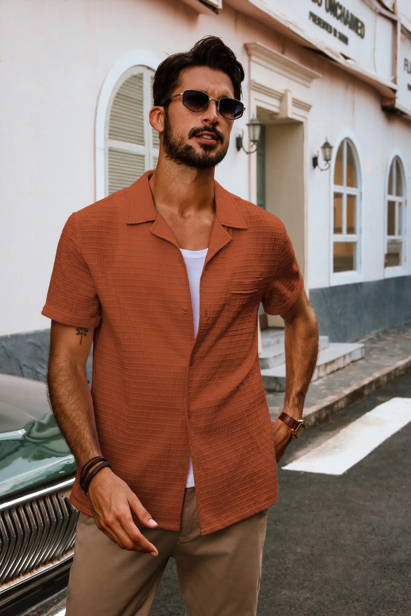 Men Textured Cotton Shirt Casual Short Sleeve Lapel Collar Flat Hem Tops