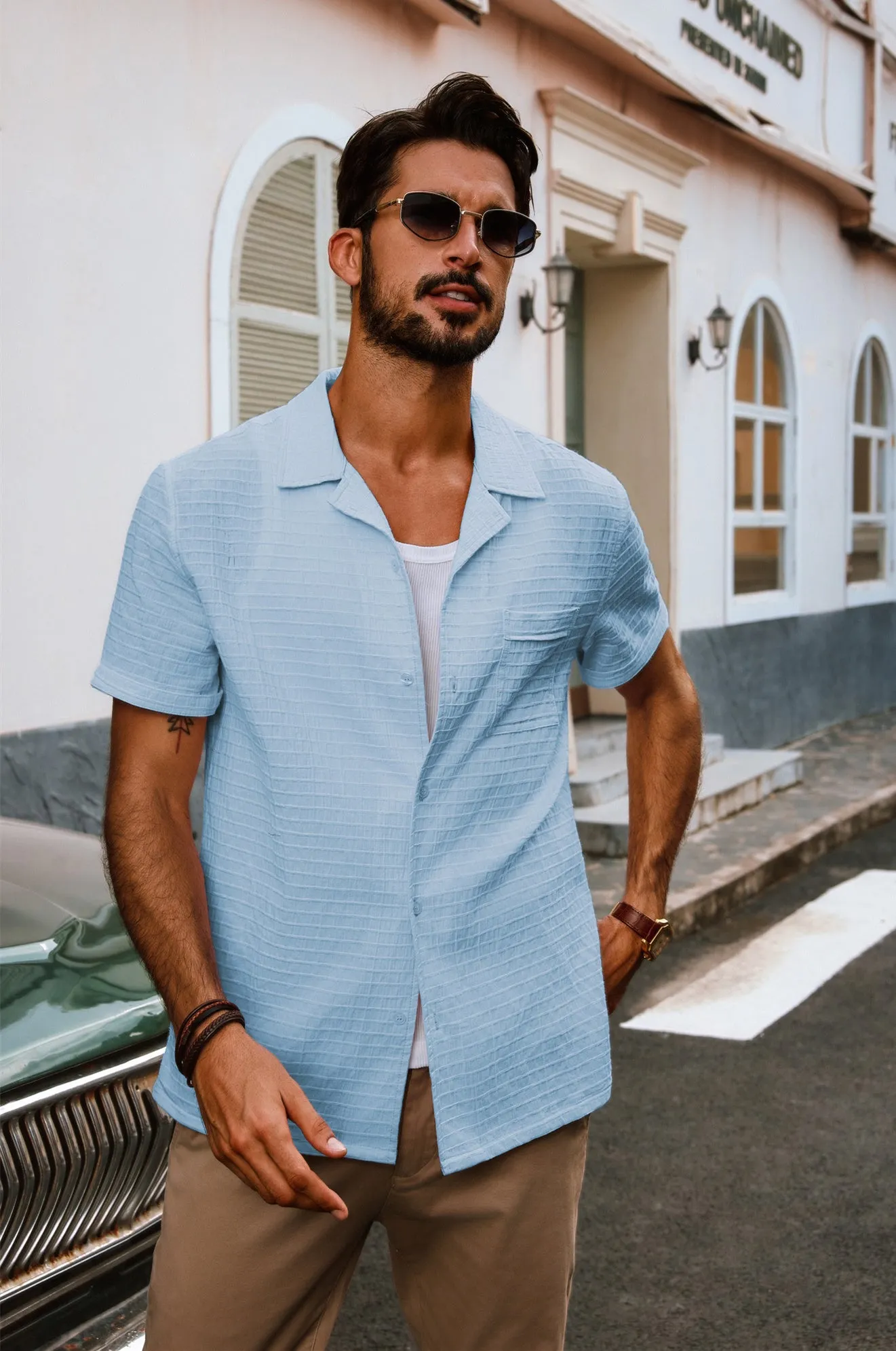 Men Textured Cotton Shirt Casual Short Sleeve Lapel Collar Flat Hem Tops