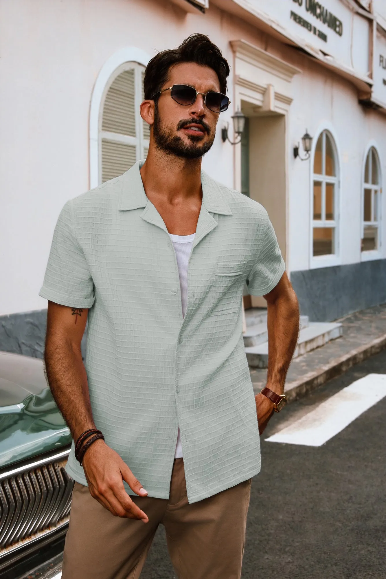 Men Textured Cotton Shirt Casual Short Sleeve Lapel Collar Flat Hem Tops