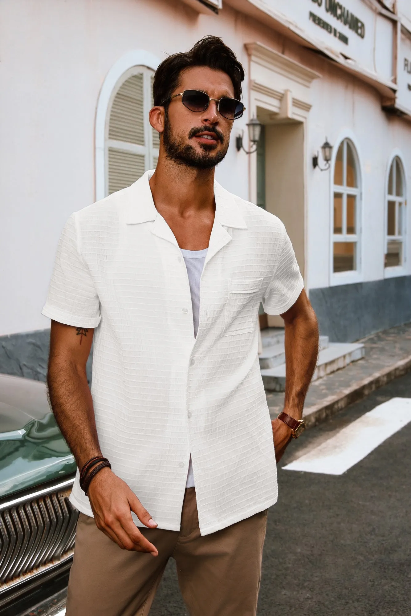 Men Textured Cotton Shirt Casual Short Sleeve Lapel Collar Flat Hem Tops