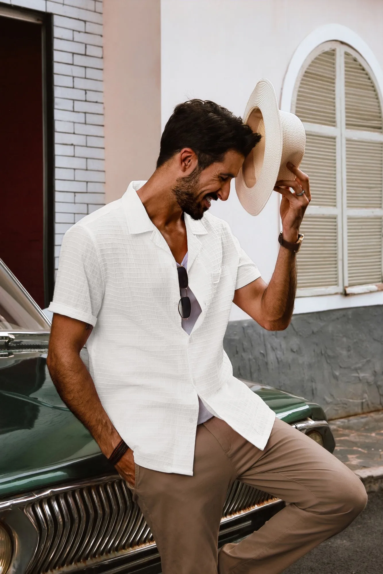 Men Textured Cotton Shirt Casual Short Sleeve Lapel Collar Flat Hem Tops