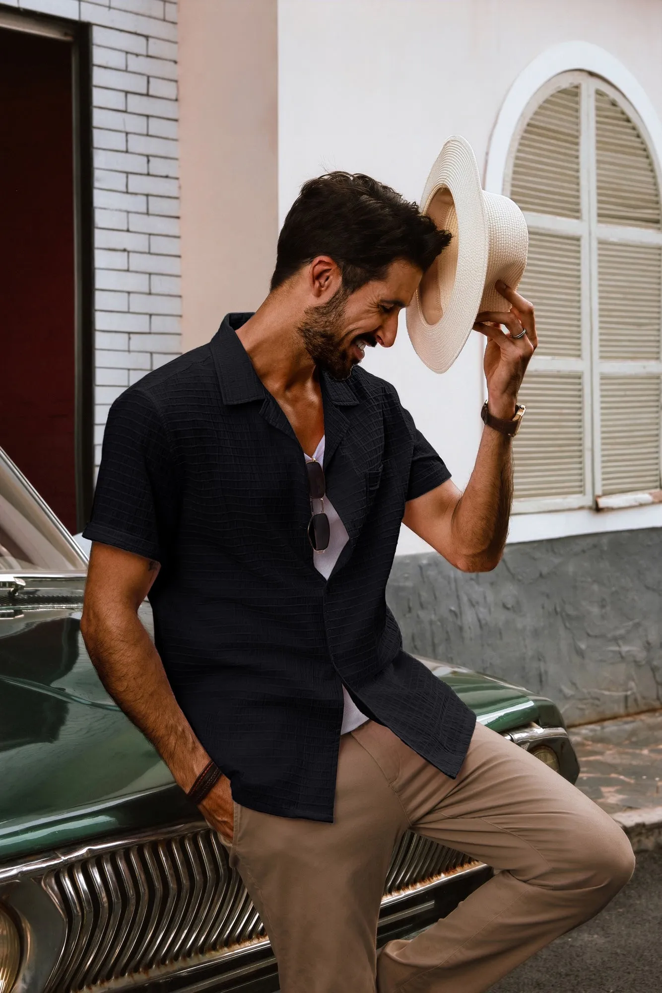 Men Textured Cotton Shirt Casual Short Sleeve Lapel Collar Flat Hem Tops