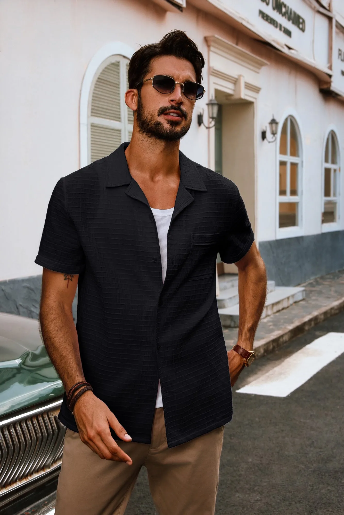 Men Textured Cotton Shirt Casual Short Sleeve Lapel Collar Flat Hem Tops