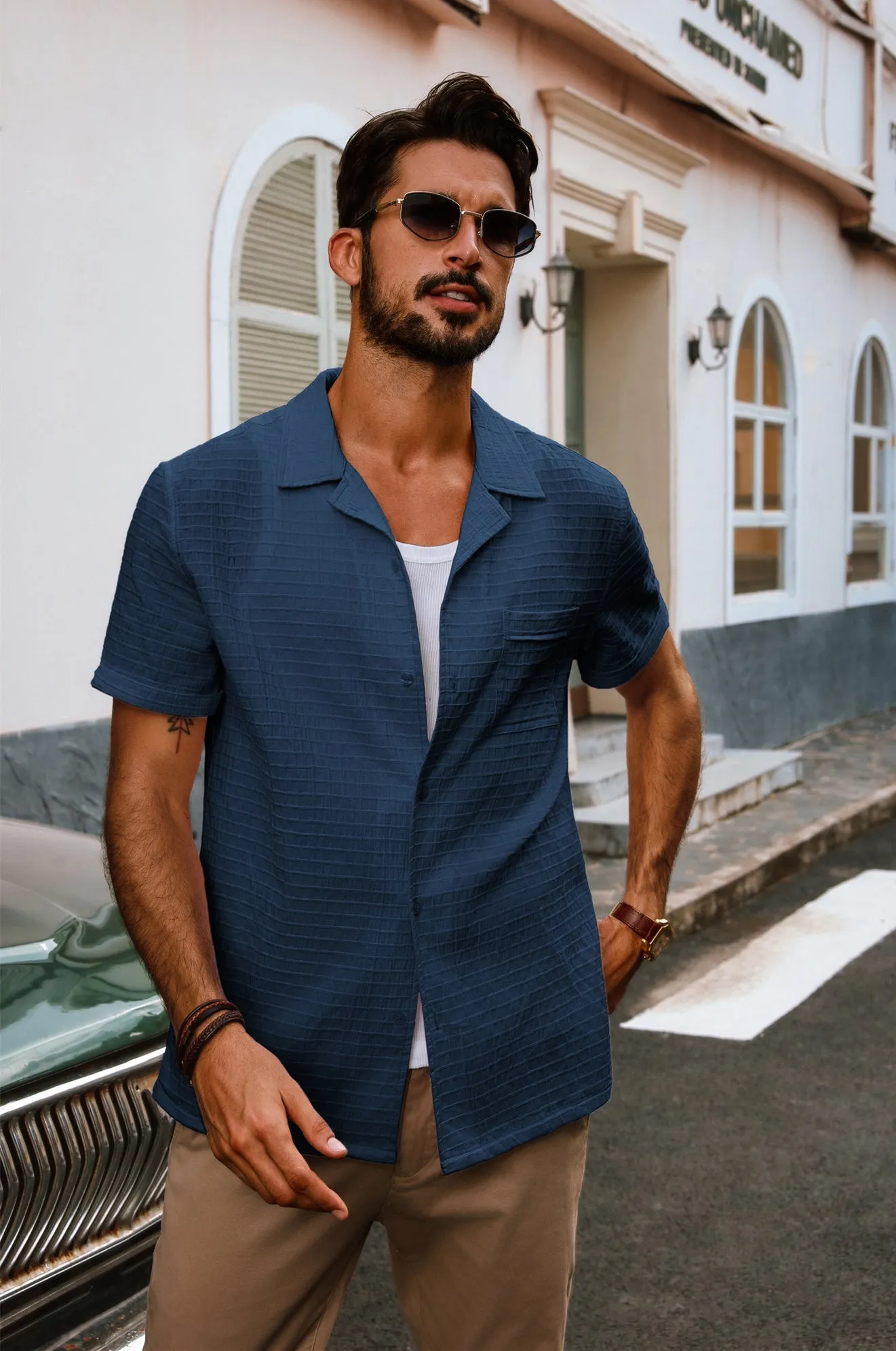 Men Textured Cotton Shirt Casual Short Sleeve Lapel Collar Flat Hem Tops