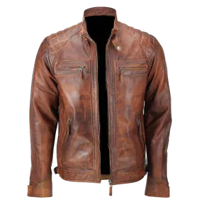 Men's Biker Quilted Vintage Distressed Brown Moto Cafe Racer Leather Jacket | Men's Biker Quilted Vintage Brown Moto Cafe Leather Jacket