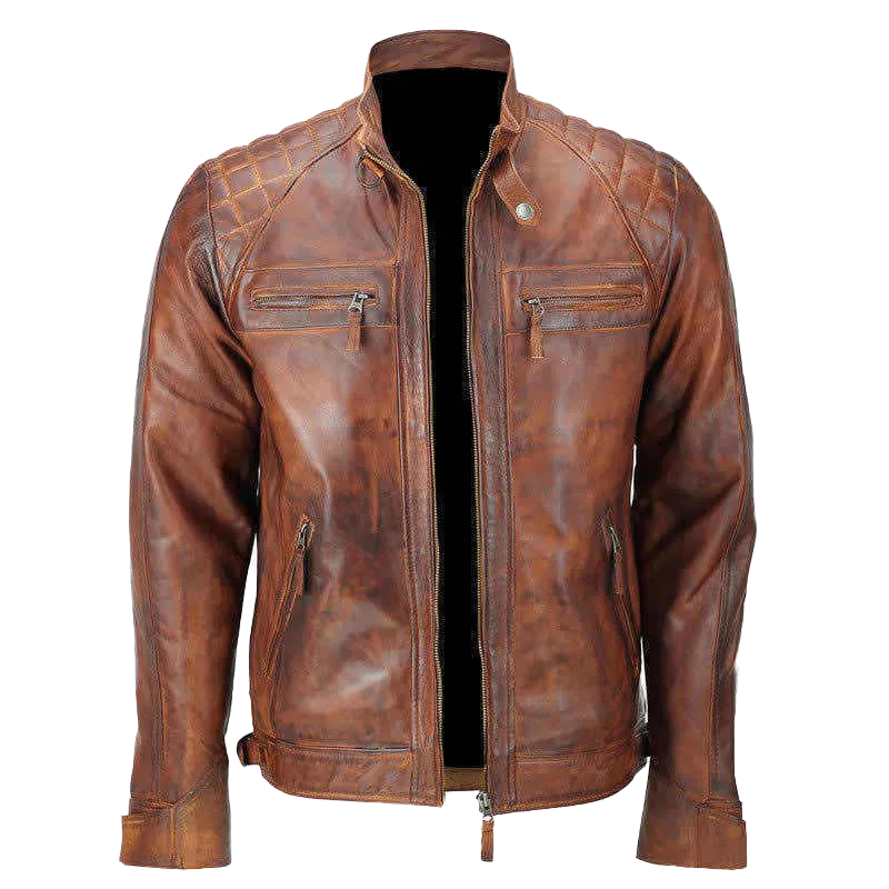 Men's Biker Quilted Vintage Distressed Brown Moto Cafe Racer Leather Jacket | Men's Biker Quilted Vintage Brown Moto Cafe Leather Jacket