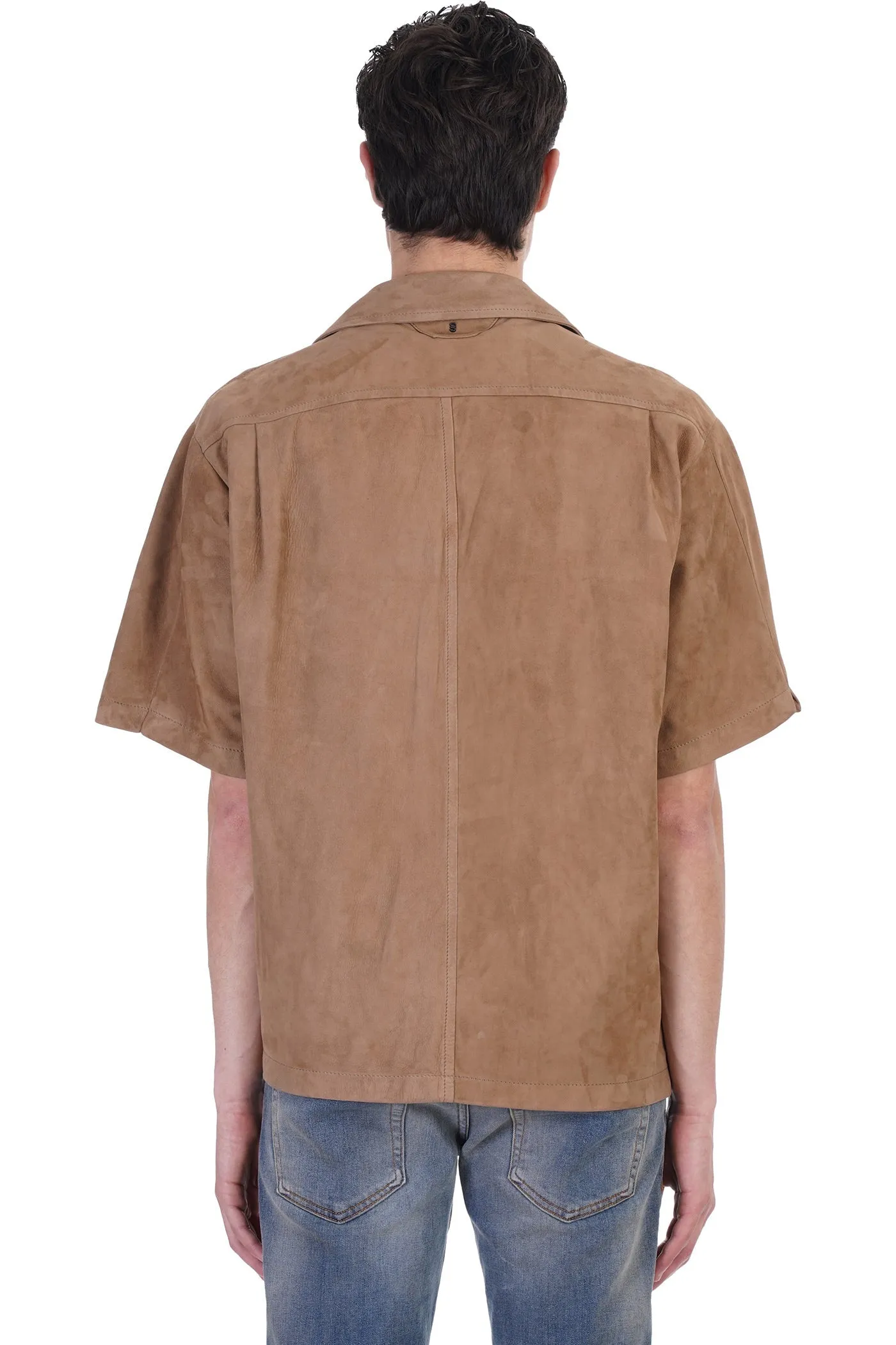 Men’s Half Sleeves Cream Brown Suede Leather Shirt