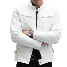 Mens White Leather Biker Jacket