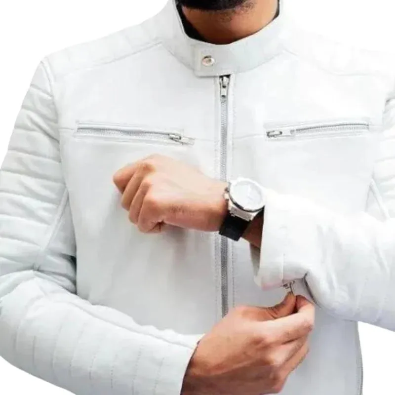 Mens White Leather Biker Jacket