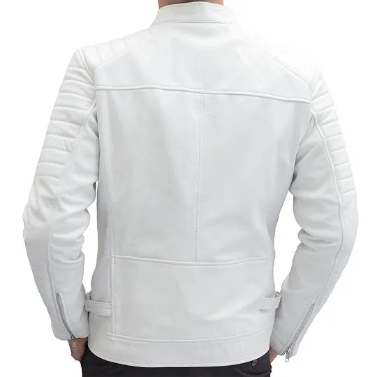 Mens White Leather Biker Jacket