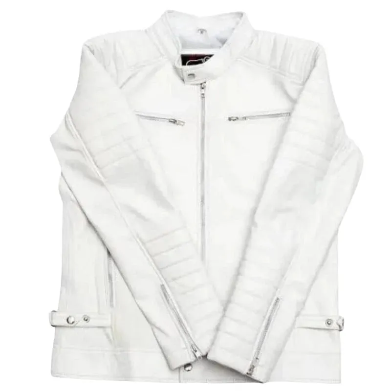 Mens White Leather Biker Jacket