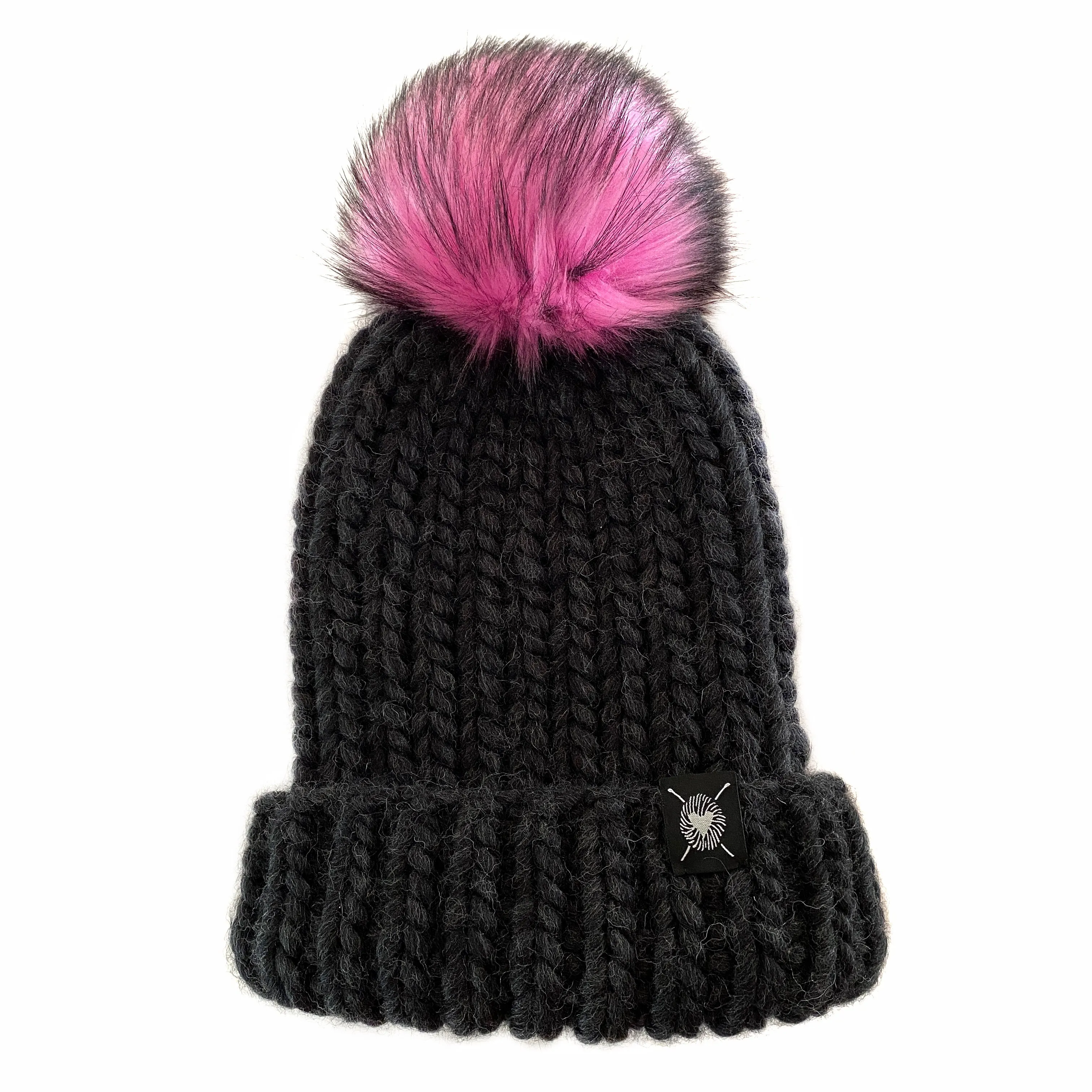 Merino Folded Brim Faux Fur Pom-Pom Beanie in Twisted Bubblegum