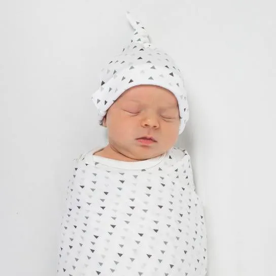 Muslin Swaddle, Pajama Gown and Hat Newborn Gift Set - Tiny Triangles, Grays with a Touch of Shimmer