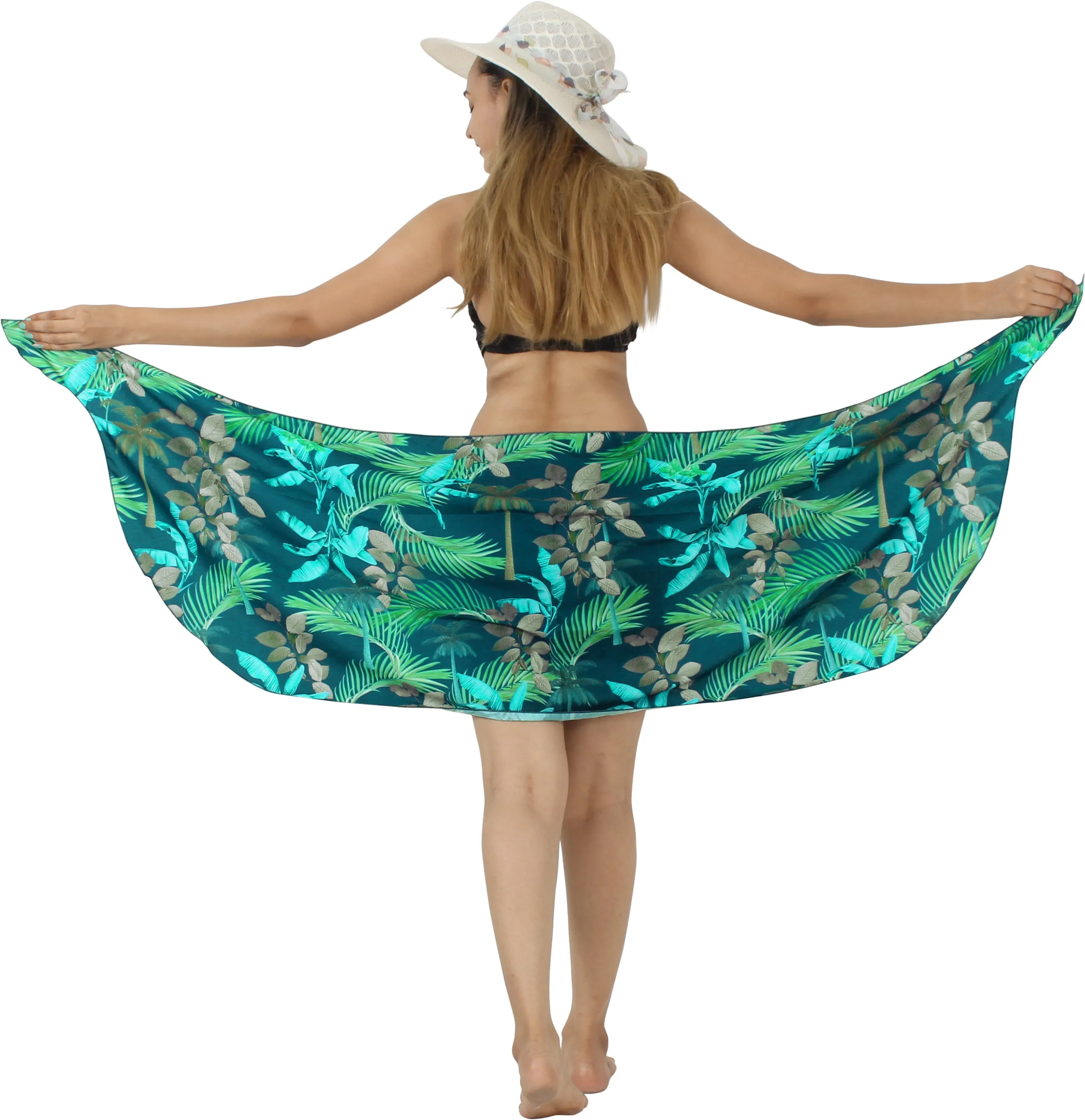 Navy Blue Non-Sheer Palm Tree and Leaves Print Half Beach Wrap For Women