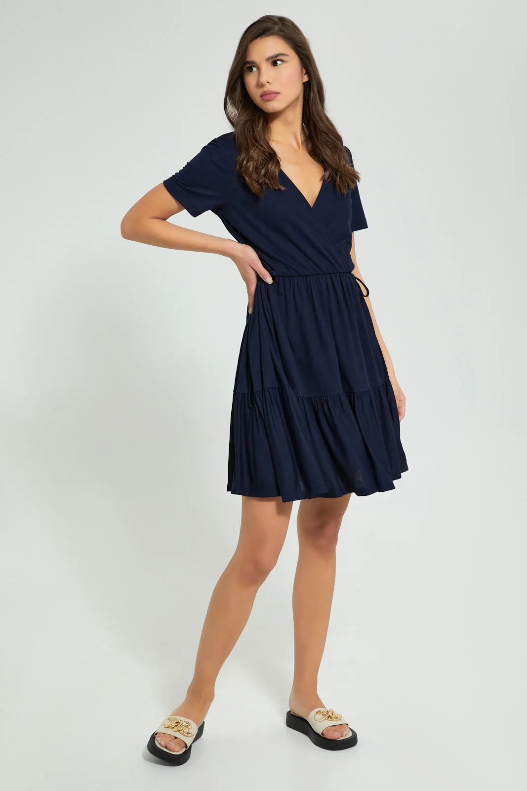 Navy Wrap Skater Dress