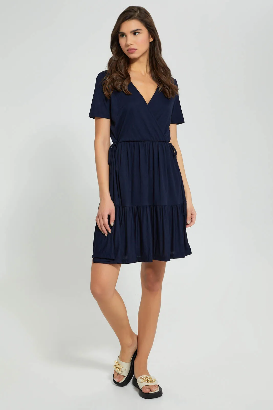 Navy Wrap Skater Dress