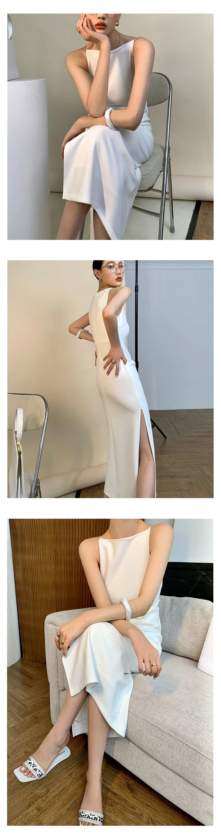 New spring and summer light luxury one-shoulder high-end slit dress- Tiomo white