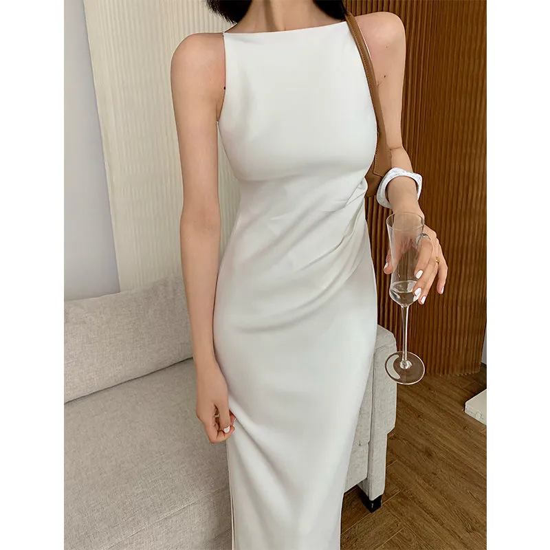 New spring and summer light luxury one-shoulder high-end slit dress- Tiomo white