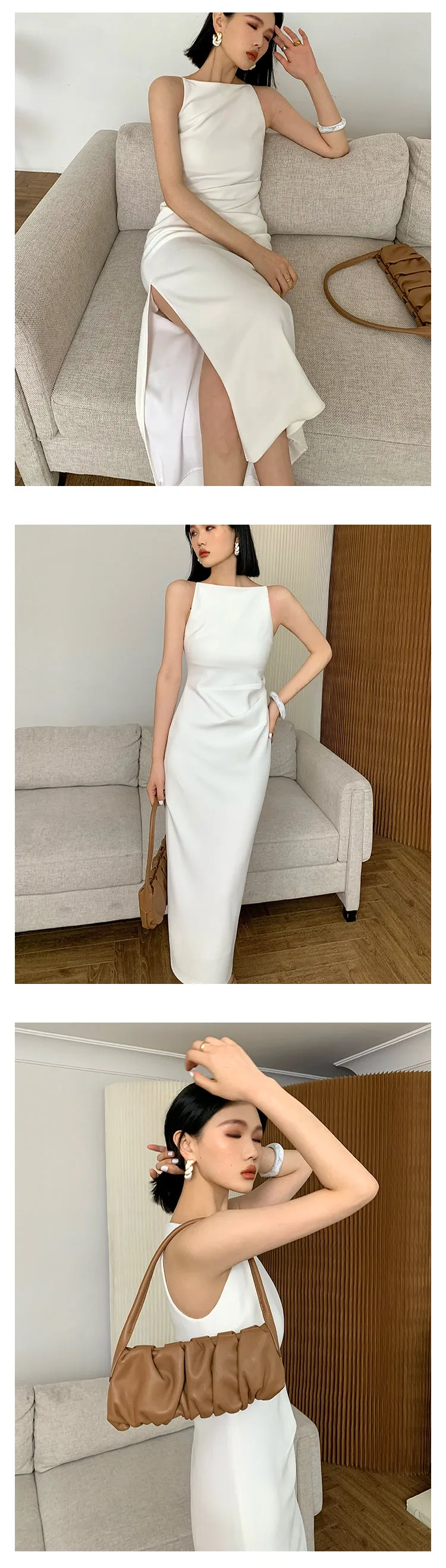 New spring and summer light luxury one-shoulder high-end slit dress- Tiomo white