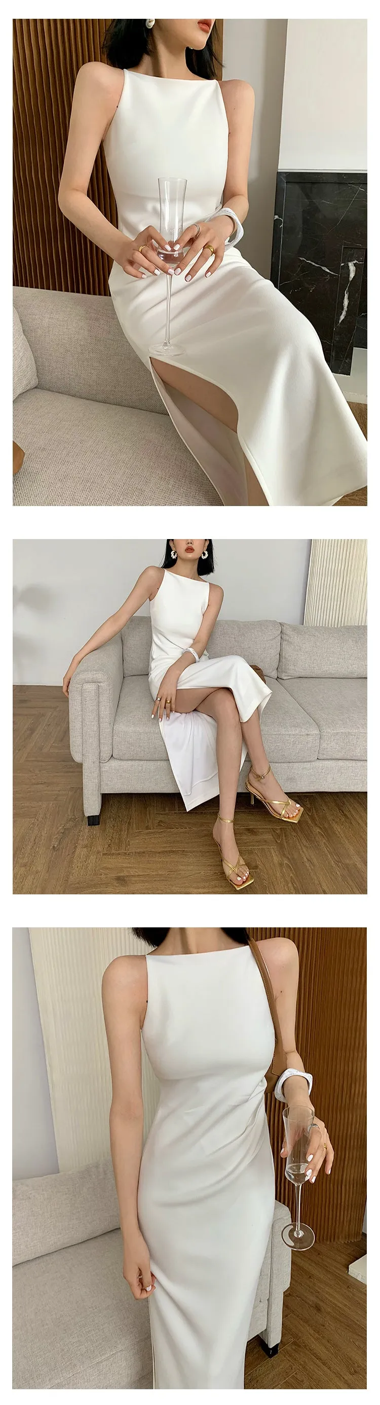 New spring and summer light luxury one-shoulder high-end slit dress- Tiomo white