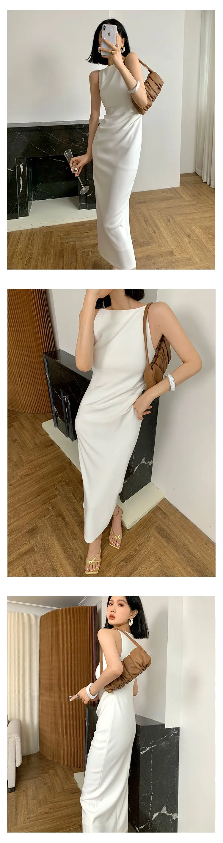 New spring and summer light luxury one-shoulder high-end slit dress- Tiomo white