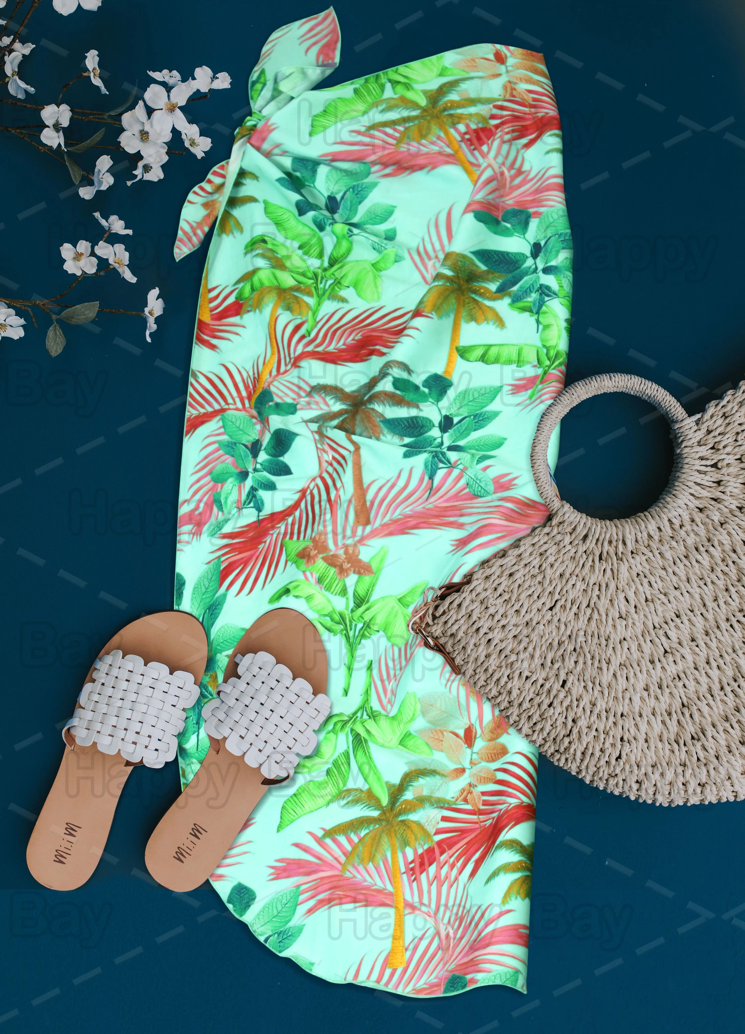 Non-Sheer Palm Tree and Leaves Print Tranquil Sea Green Beach Wrap For Women