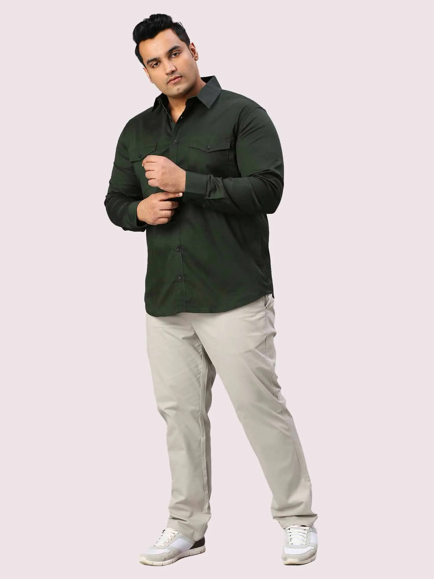 Olive Green Solid Pure Cotton Double Pocket Full Sleeve Shirt Men's Plus Size