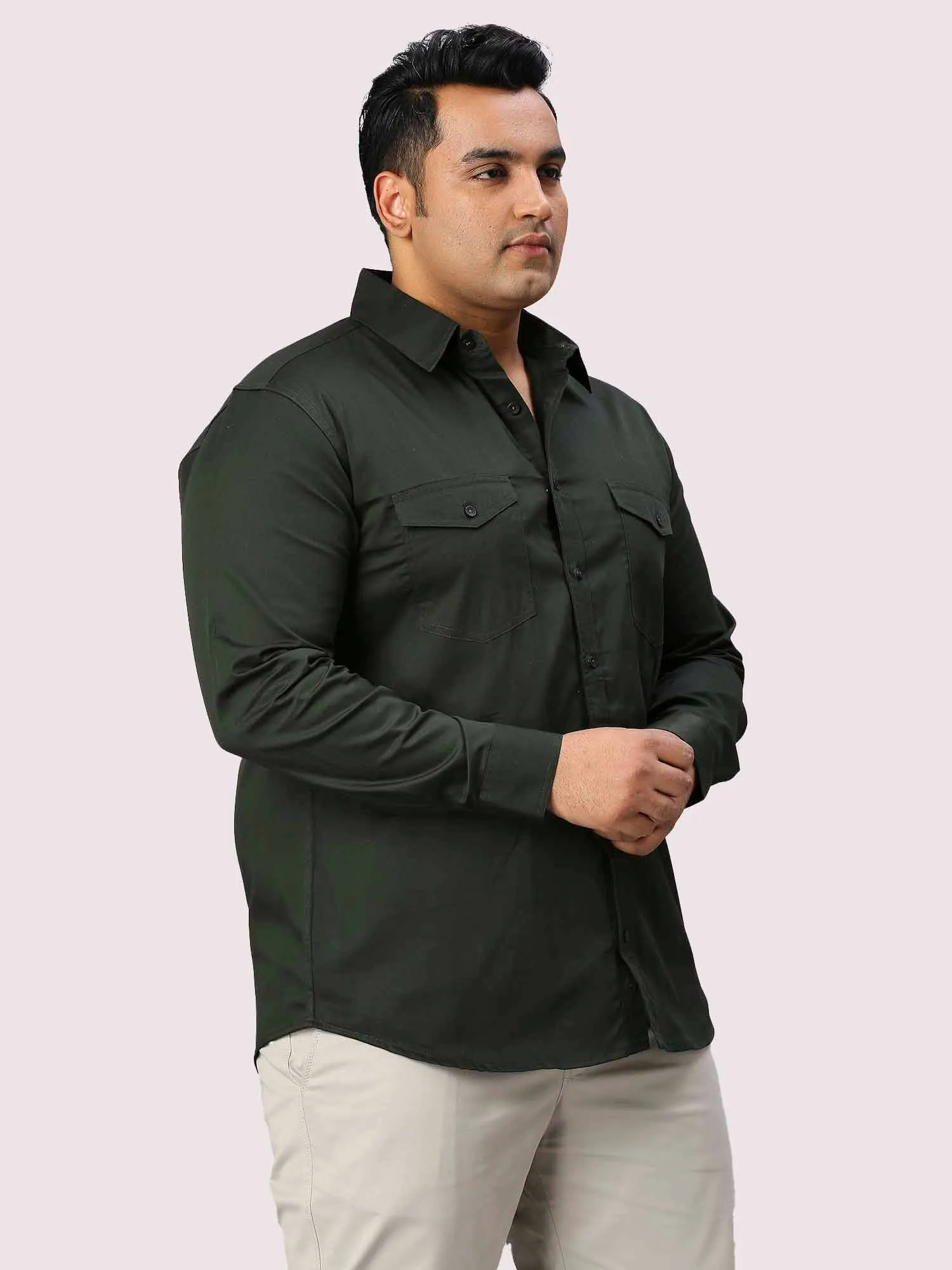 Olive Green Solid Pure Cotton Double Pocket Full Sleeve Shirt Men's Plus Size