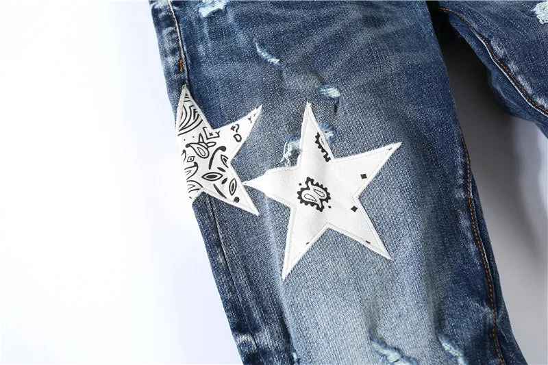 Paisley Patterned Star Shaped Patchwork Jeans