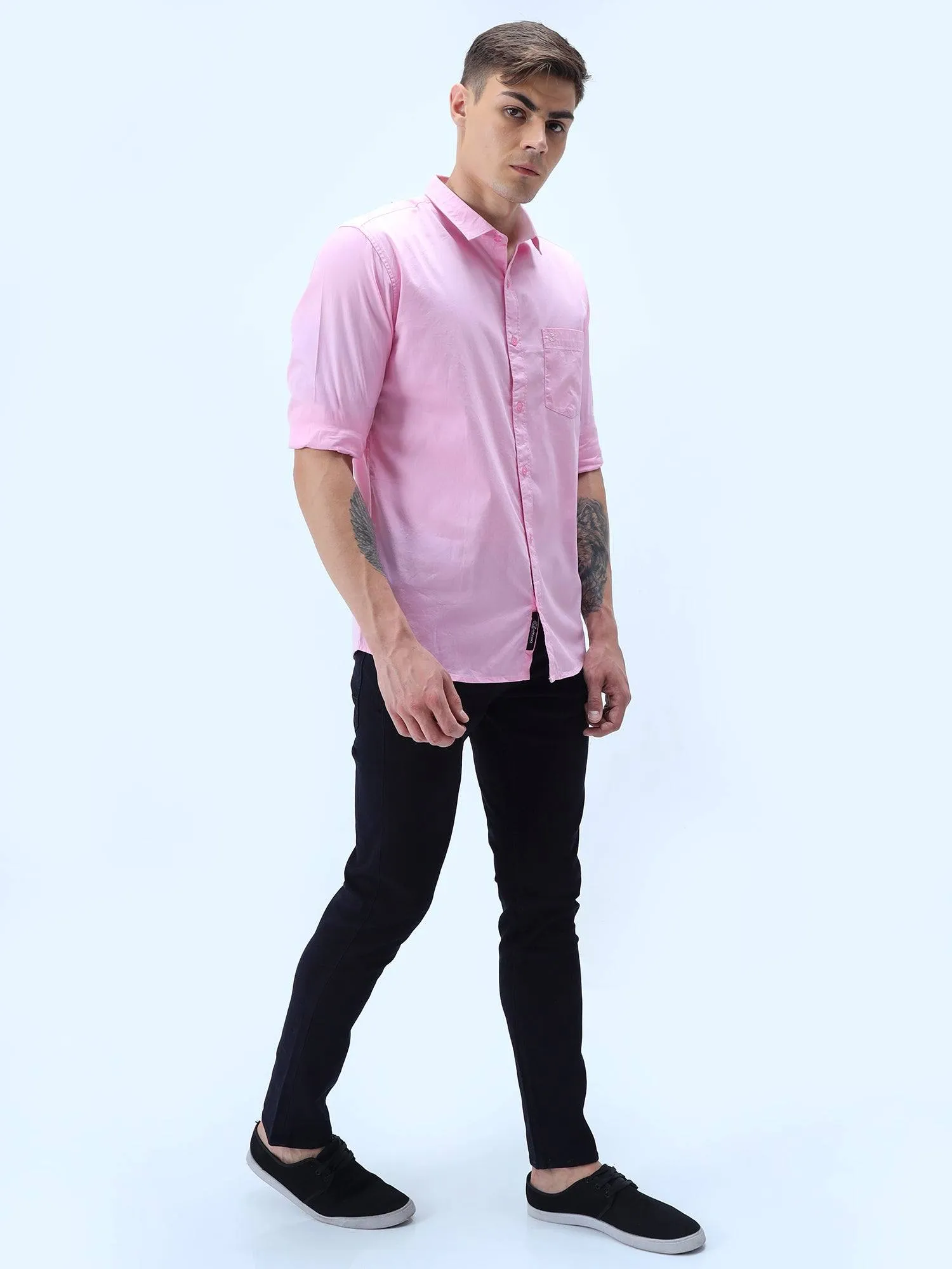 Pink Solid Cotton Full Sleeve Shirt