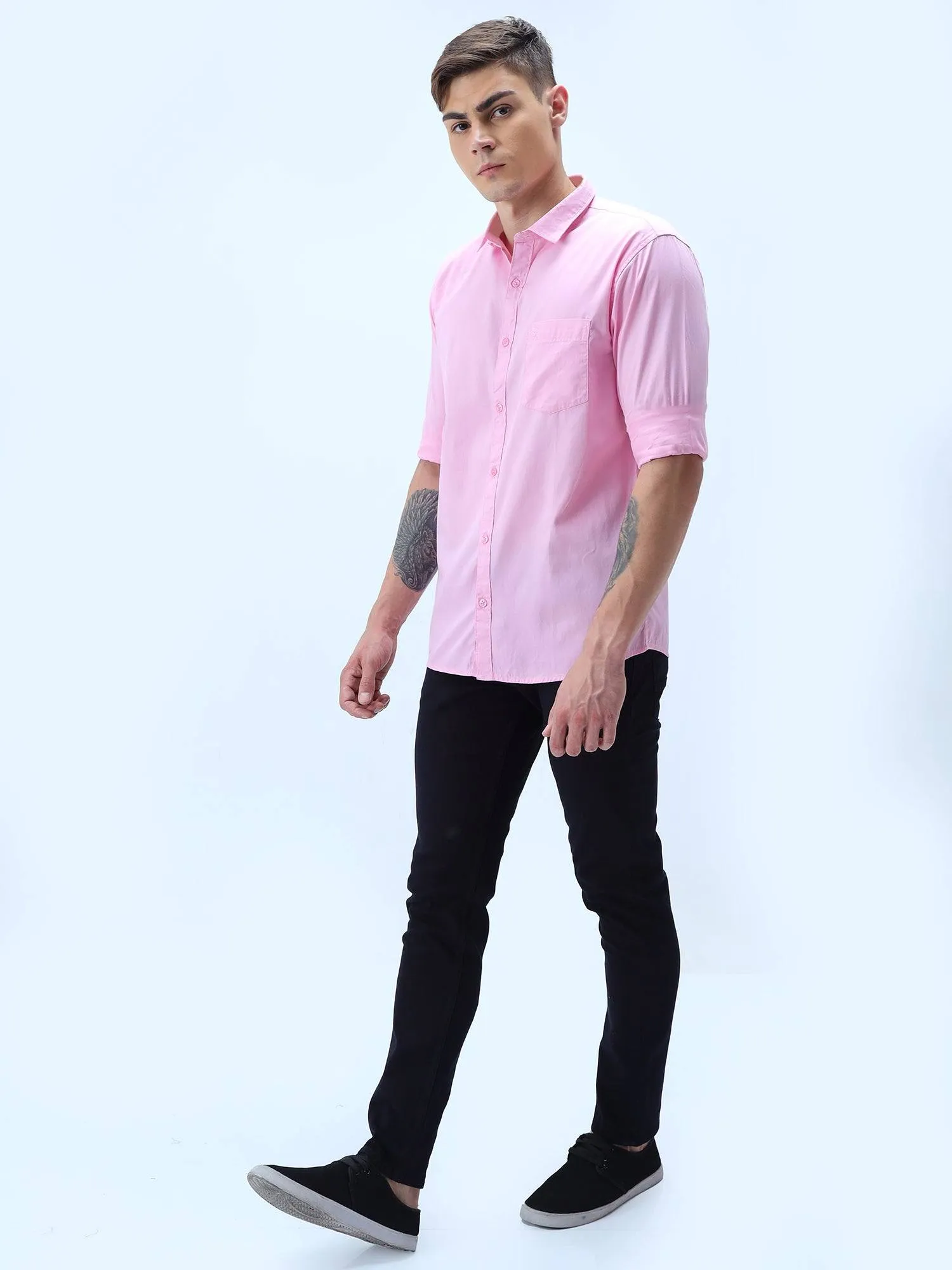 Pink Solid Cotton Full Sleeve Shirt