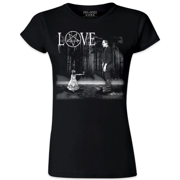 Pins & Bones Women's Valentine's Day Frankenstein Love Flower Black Shirt