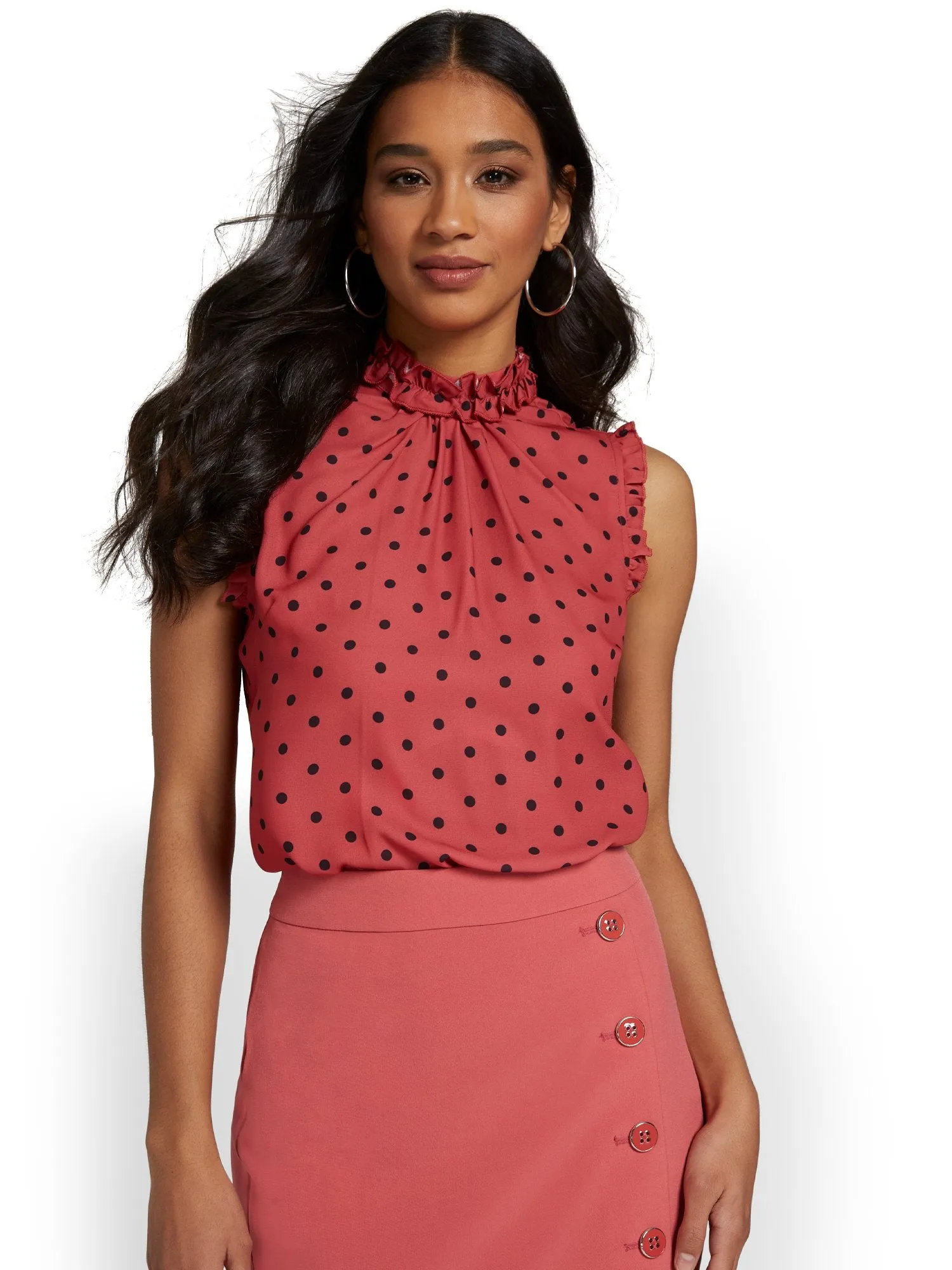 Polka-Dot Ruffle-Neck Blouse