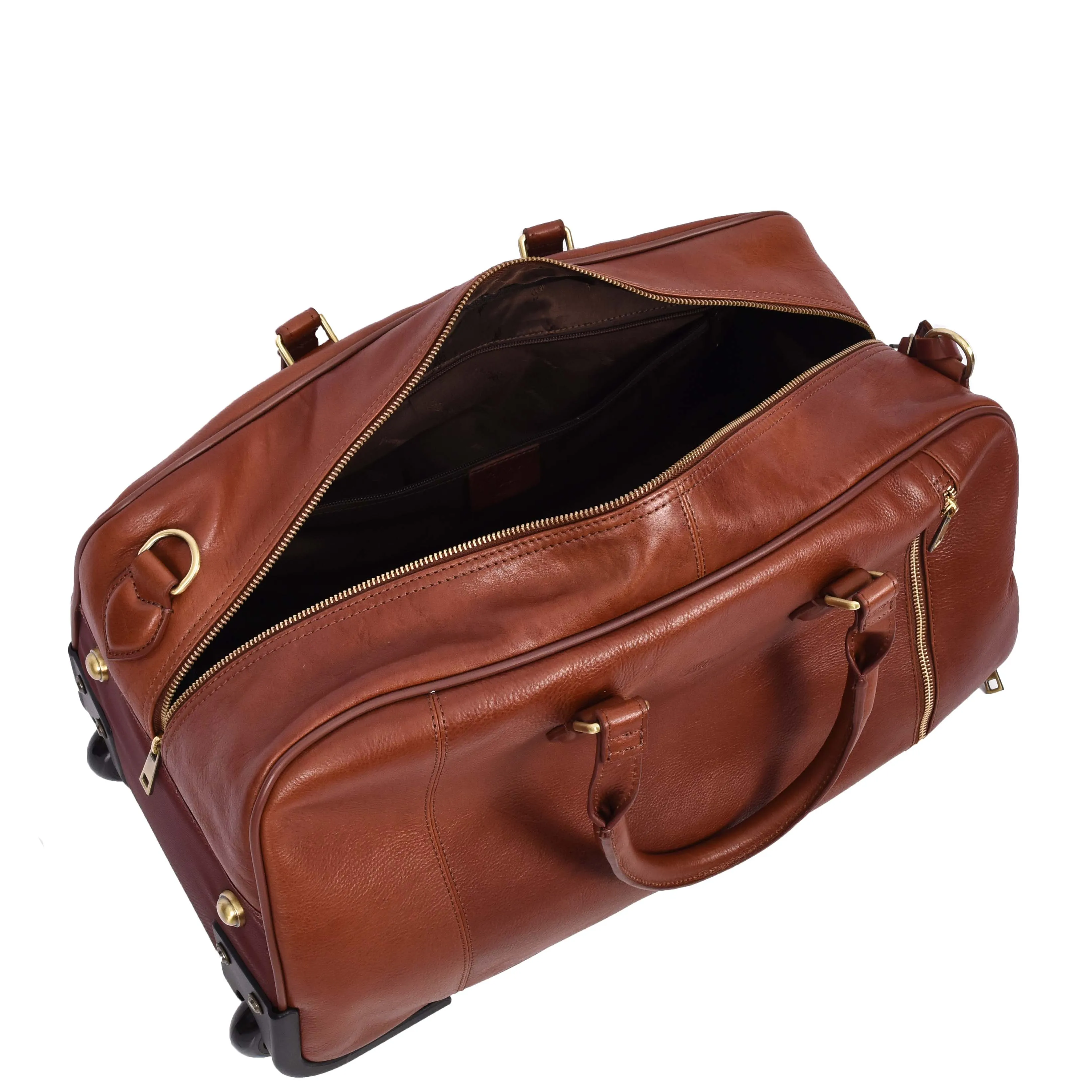 Premium Leather Wheeled Holdall Cabin Size Weekend Travel Duffle Bag AL50 Tan