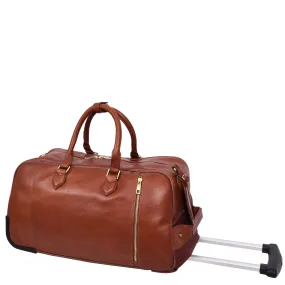 Premium Leather Wheeled Holdall Cabin Size Weekend Travel Duffle Bag AL50 Tan