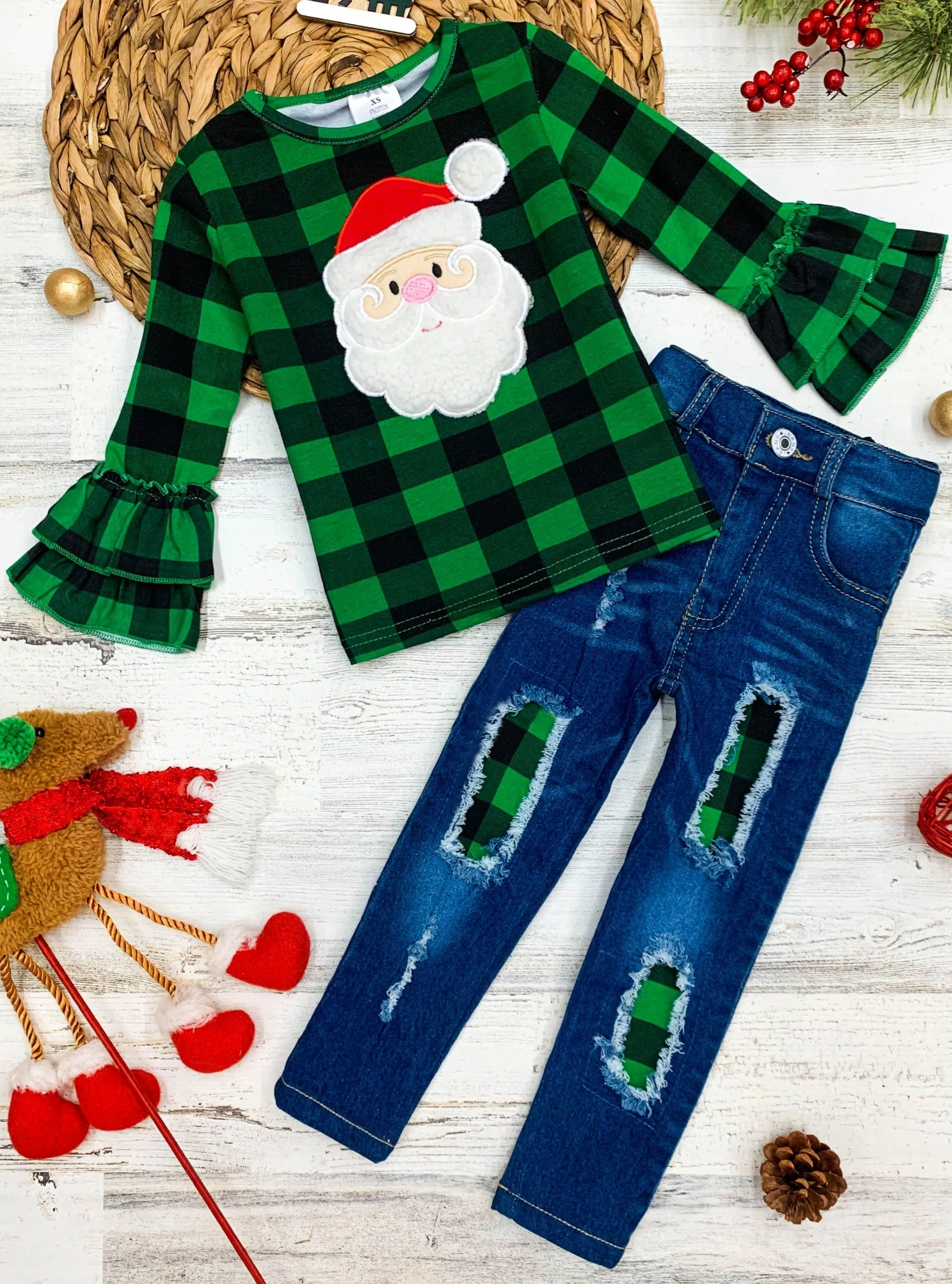 Pretty Please, Santa Plaid Patched Jeans Set