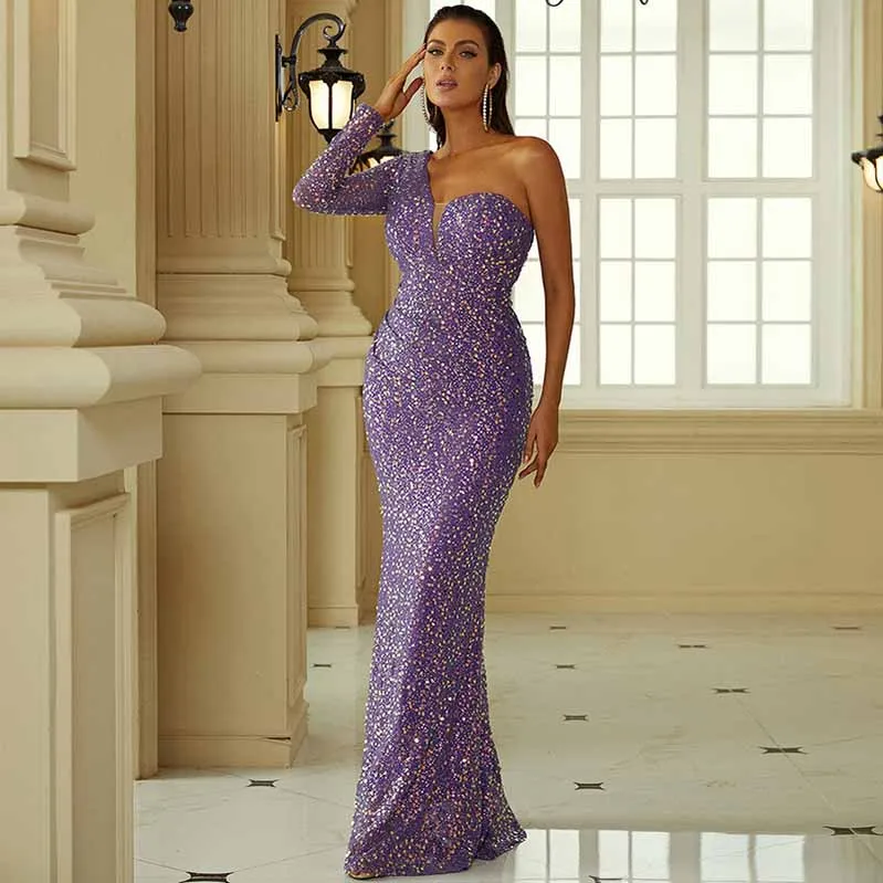 Purple Wedding One Shoulder Sequins Hip Wrap Fishtail Prom Dress