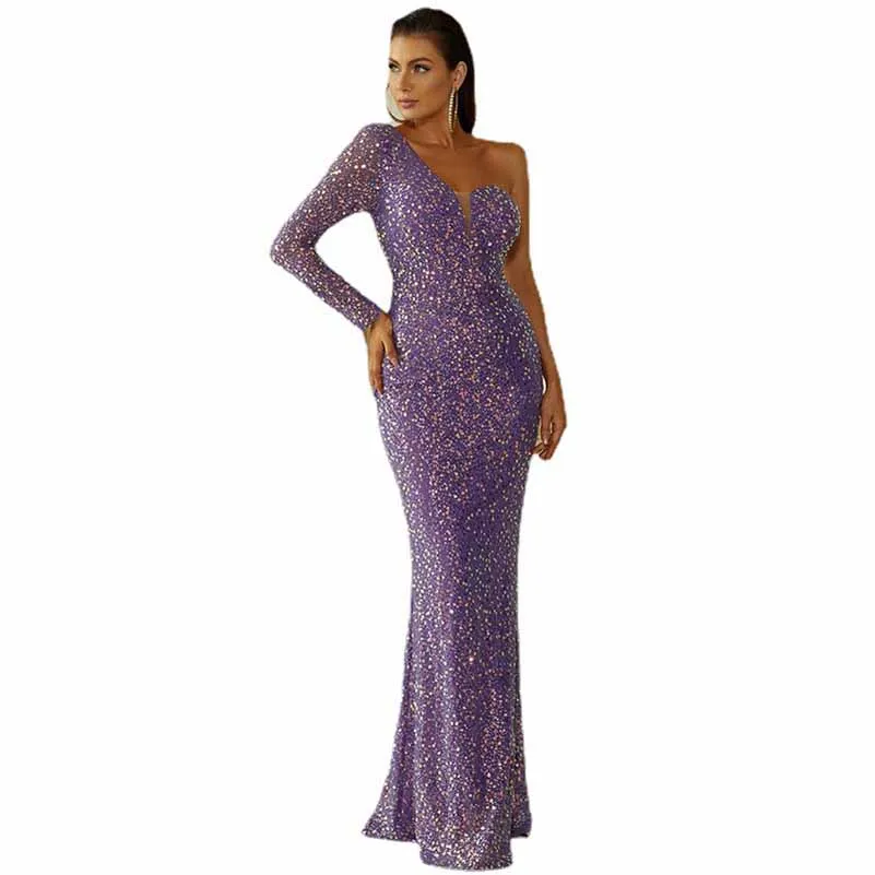 Purple Wedding One Shoulder Sequins Hip Wrap Fishtail Prom Dress