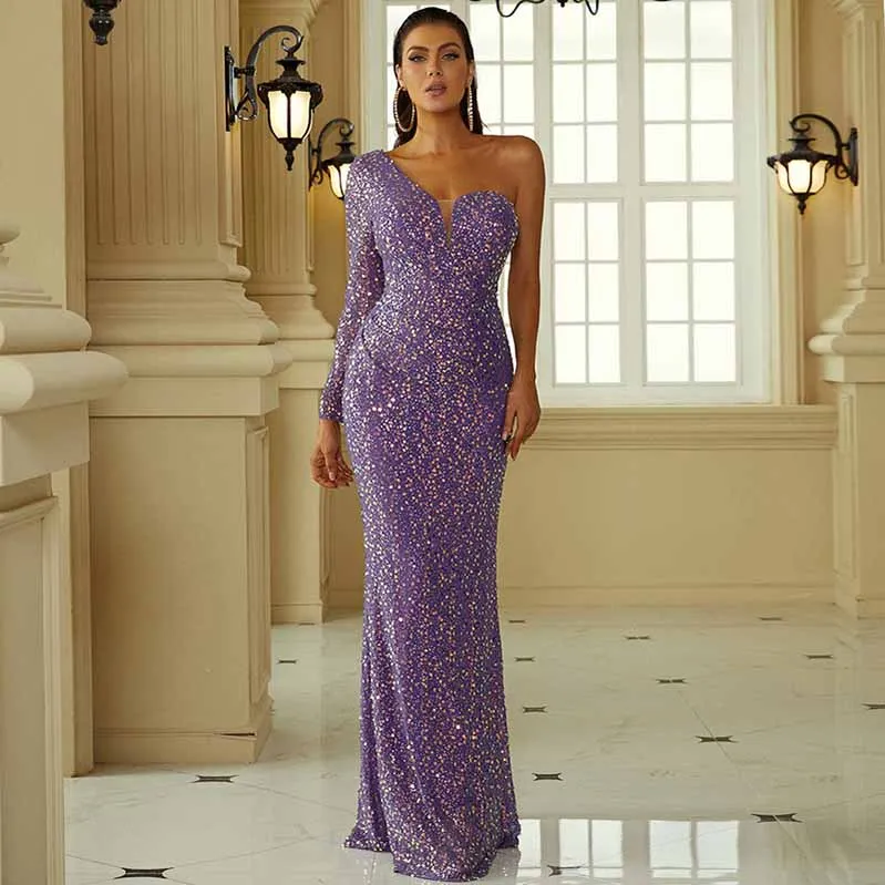 Purple Wedding One Shoulder Sequins Hip Wrap Fishtail Prom Dress