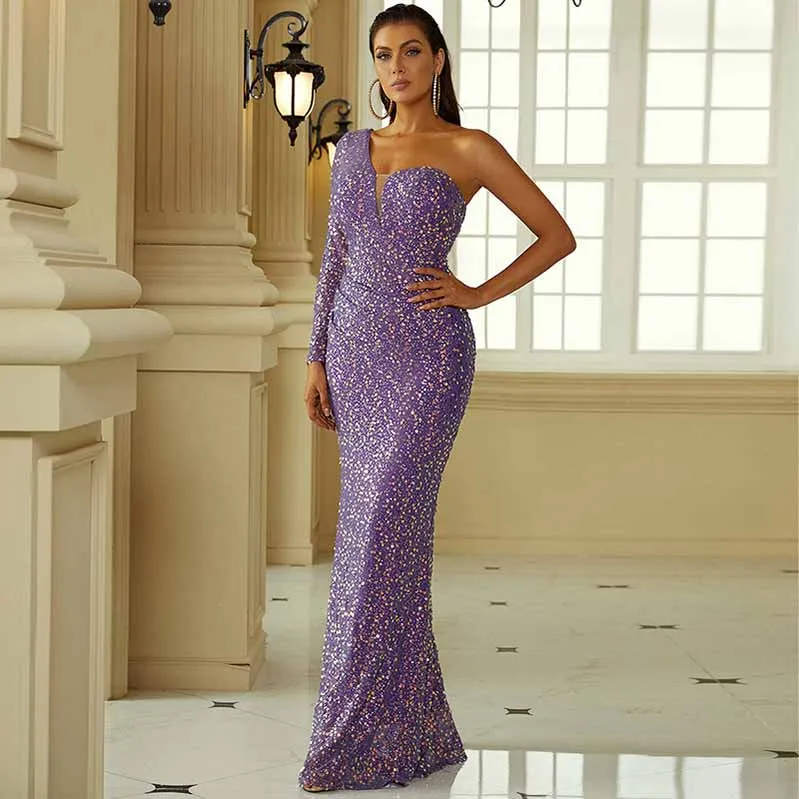 Purple Wedding One Shoulder Sequins Hip Wrap Fishtail Prom Dress