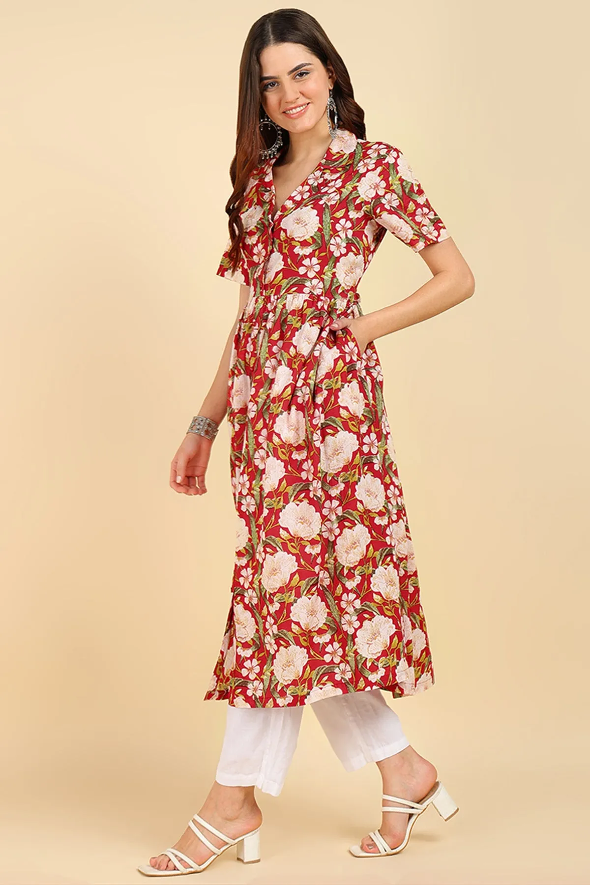 Red Floral Printed Zipless Feeding Kurti